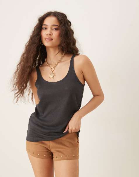 Mango 100% linen vest top in charcoal 