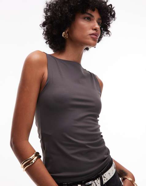 Mango sleeveless polyamide top in charcoal