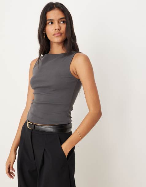 Mango – Grafitowy top bez rękawów z dekoltem w łódkę z mieszanki bawełny - view 1