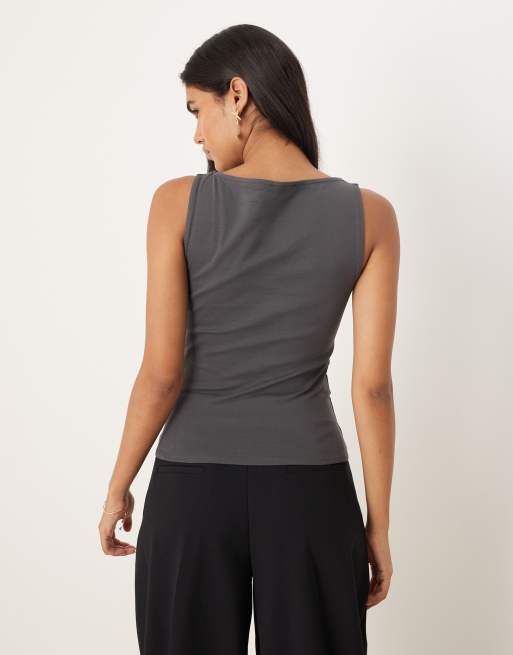Mango – Grafitowy top bez rękawów z dekoltem w łódkę z mieszanki bawełny, 4 z 4
