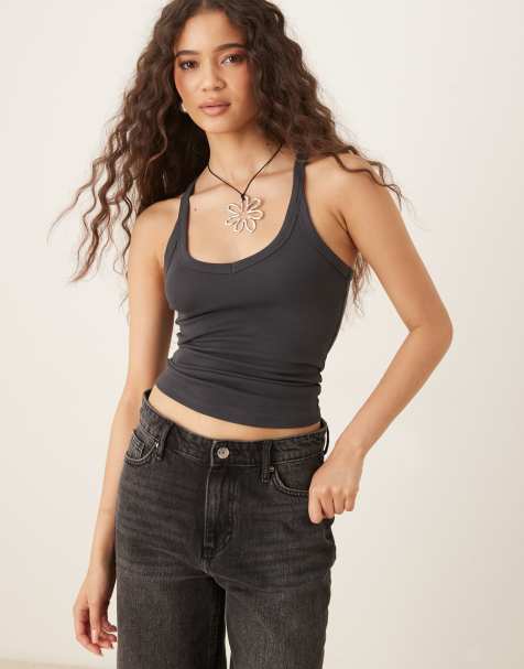 Mango sculpt v neck cami top in charcoal