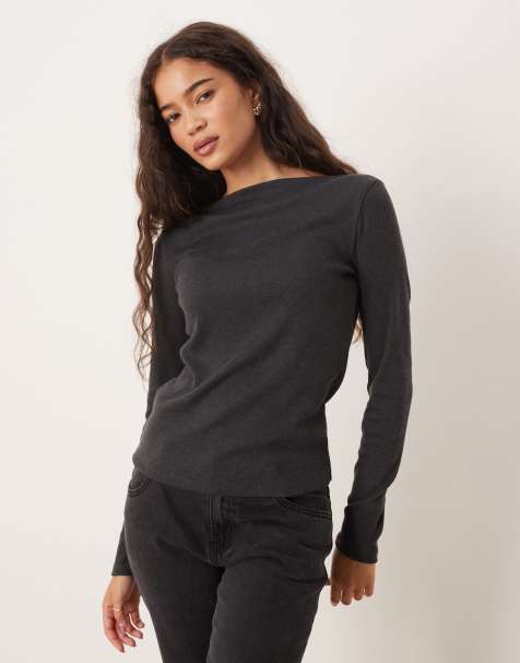 Mango boat neck long sleeve top in charcoal
