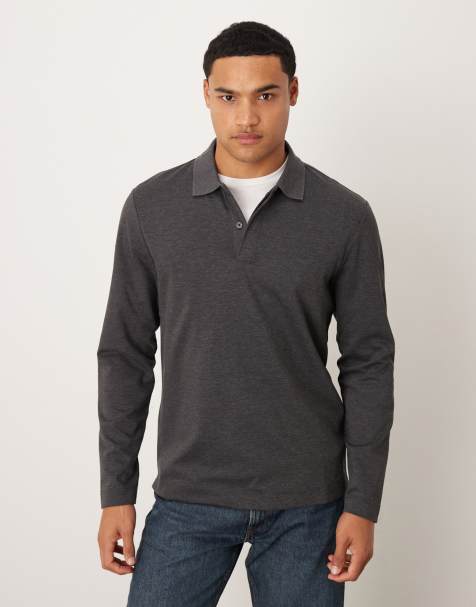 Mango long sleeve polo top in charcoal
