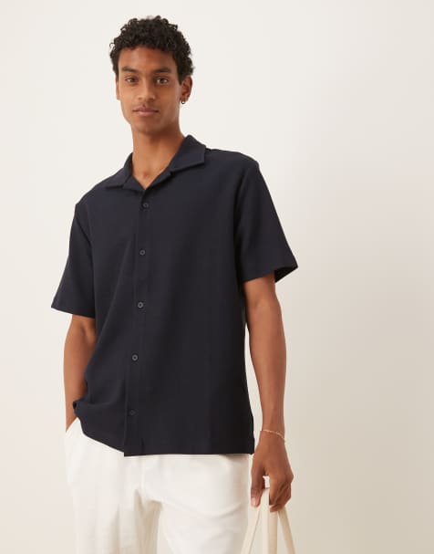 Mango cotton waffle short sleeve shirt in navy