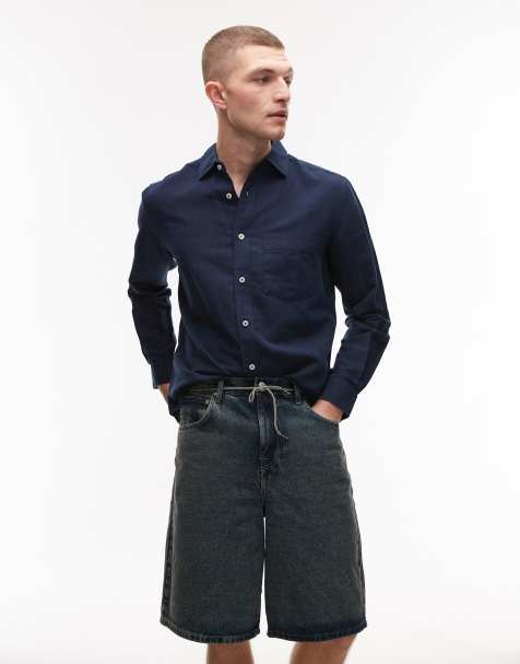 Mango linen mix long sleeve shirt in navy