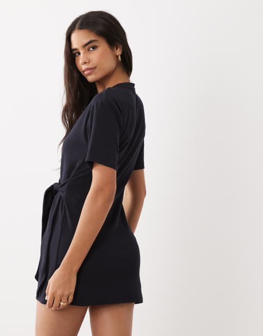 Mango – Granatowa sukienka T-shirtowa mini z wiązaniem w talii, 2 z 4