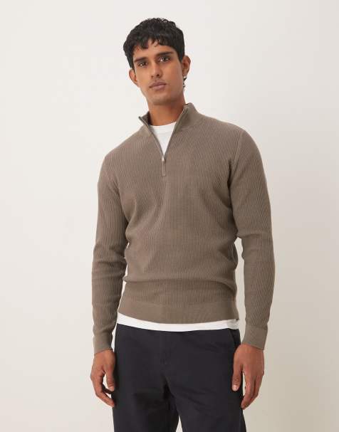 Mango – Granatowy prążkowany sweter z mieszanki bawełny z zapięciem na suwak pod szyją - view 1