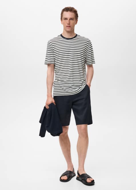 Mango – Granatowy T-shirt z domieszką lnu w paski - view 1