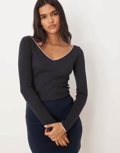 Mango contrast tipping long sleeve fine knit top in navy
