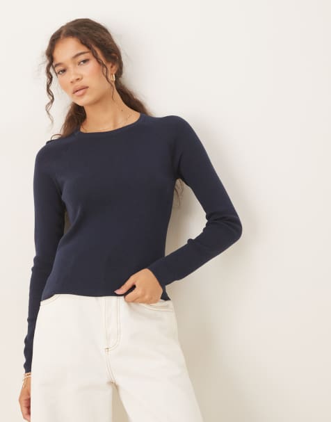 Mango fine knit long sleeve top in navy
