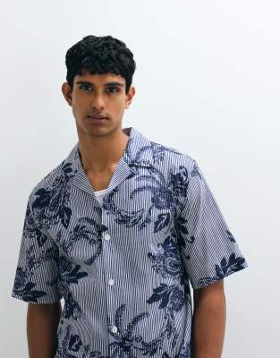 Mango graphic floral striped shirt in blue