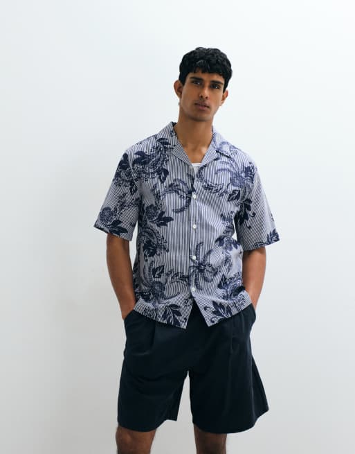 Mango graphic floral striped shirt in blue, 3 of 5