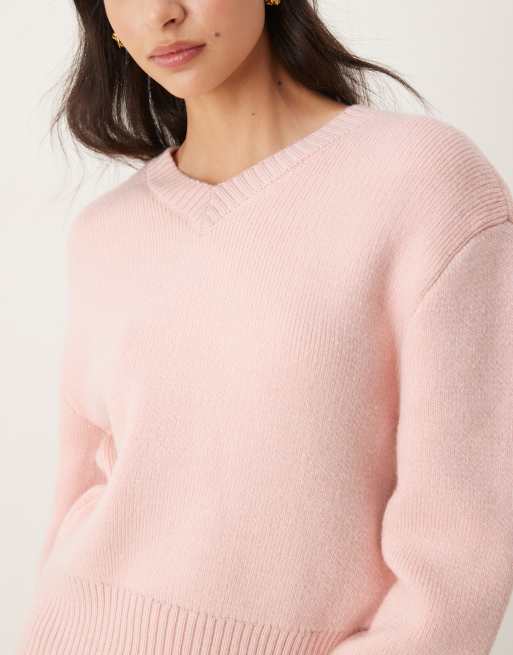 Mango – Grobstrickpullover in Blassrosa mit V-Ausschnitt, 3 von 4