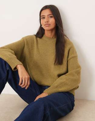 Mango - Grobstrickpullover in Moosgrün mit Rundhalsausschnitt