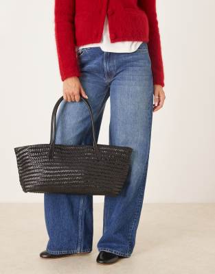 Mango - Große Shopper-Tasche aus Leder in Schwarz