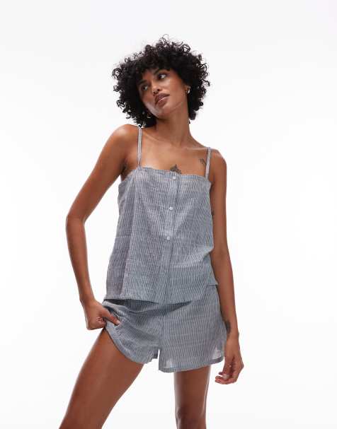 Mango – Grönrandig pyjamas i bäckebölja med topp och shorts - view 1