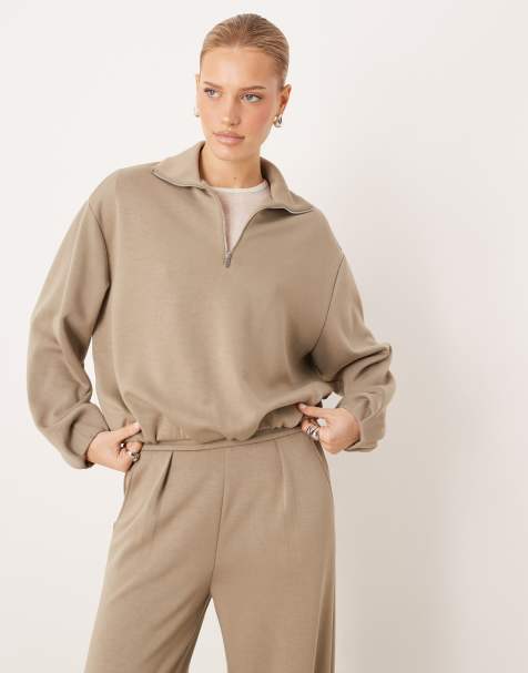 Mango – Guesi – Beige sweatshirt med pikékrage och kort dragkedja vid halsen, del av set - view 1
