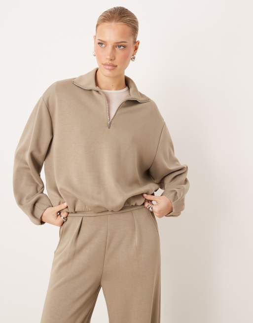 Mango - Guesi - Felpa stile polo beige con zip corta in coordinato