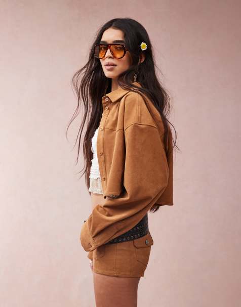 Mango - Gyldenbrunt sæt med cropped skjorte og korte shorts i imiteret ruskind - view 1