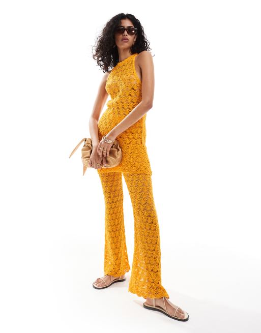 Mango – Häkel-Hose in Orange mit geradem Bein, Kombiteil