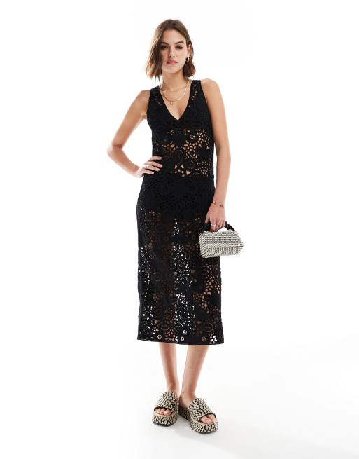 Mango – Häkel-Midikleid in Schwarz mit V-Ausschnitt