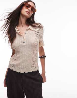 Mango - Häkel-T-Shirt in Beige mit offenem Ausschnitt-Neutral
