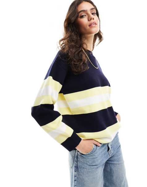 Mango half stripe oversized jumper in navy and yellow - view 1