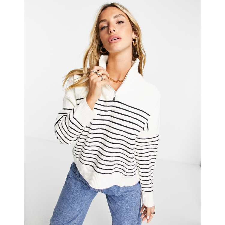 Mango half zip jumper in cream with breton stripe