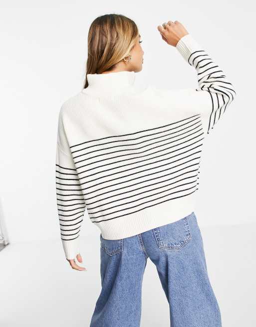 Mango half zip jumper in cream with breton stripe ASOS