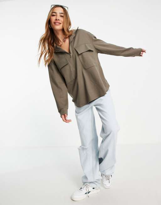 Mango half zip long sleeved sweatshirt with front pockets in khaki | ASOS