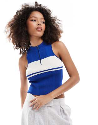 Mango Half Zip Sleeveless Sweater In Blue And White