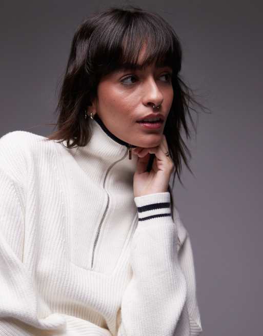 Mango half zip striped oversized jumper in ecru best sale