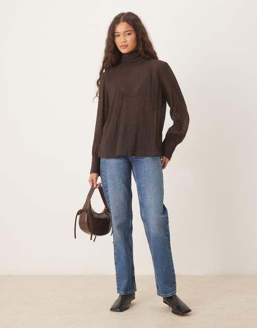 Mango - Halfdoorschijnende hoogsluitende blouse met strik in bruin, 3 van 4