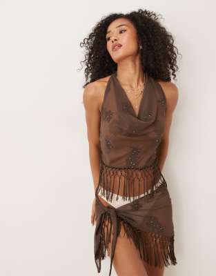 Mango Mango halter cowl neck tassel top co-ord in chocolate-Brown