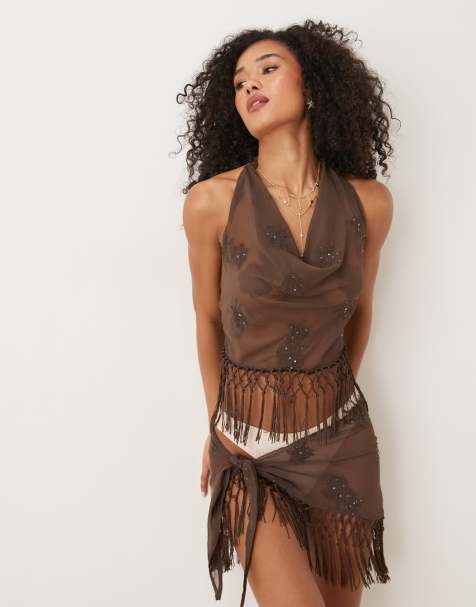 Mango halter cowl neck tassel top co-ord in chocolate - view 1