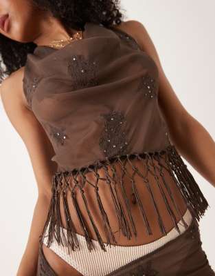 Mango Halter Cowl Neck Tassel Top In Brown