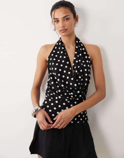 Mango halter cowl neck top in black and white polka dot print - view 1