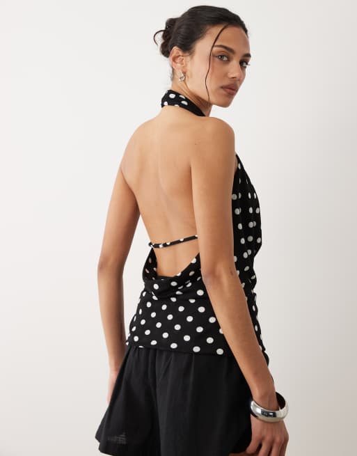 Mango halter cowl neck top in black and white polka dot print, 2 of 4