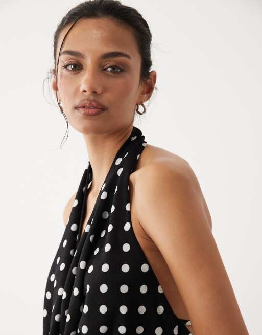 Mango halter cowl neck top in black and white polka dot print, 4 of 4