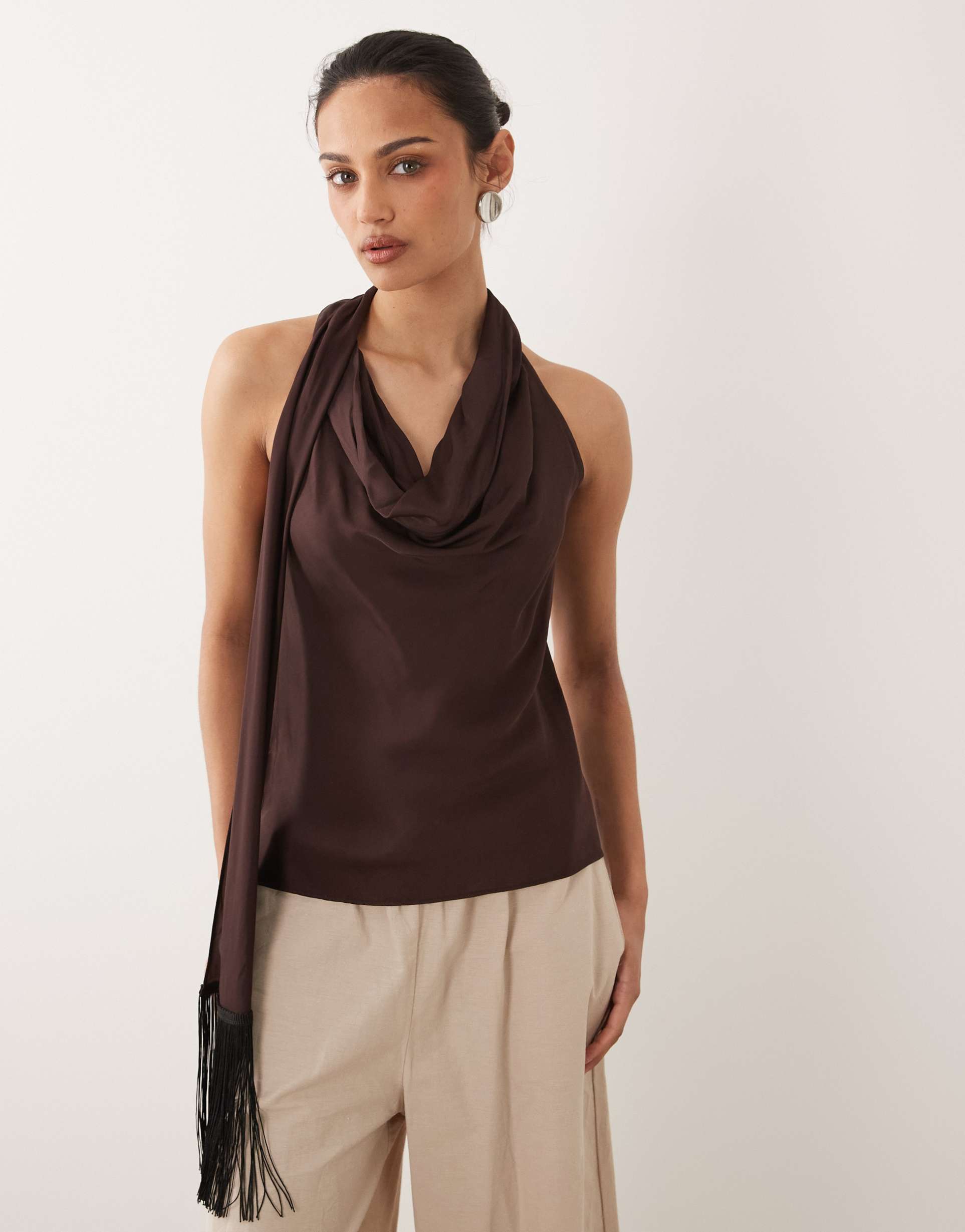 mango halter cowl neck top in brown