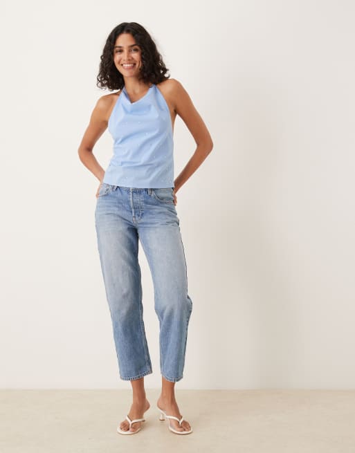 Mango halter cowl neck top with hotfix detailing in blue, 4 of 4
