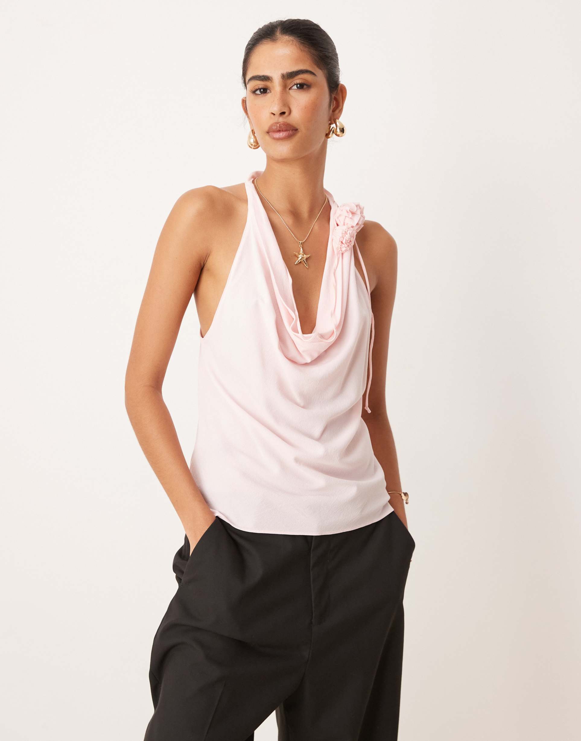 mango halter drape neck top with 3d floral in soft pink