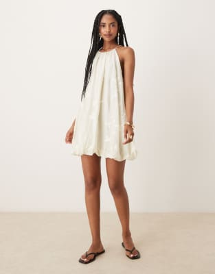 Mango Halter Neck Dress With Puff Hem And Flower Embroidery In Neutral