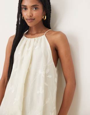 Mango Halter Neck Dress With Puff Hem And Flower Embroidery In White