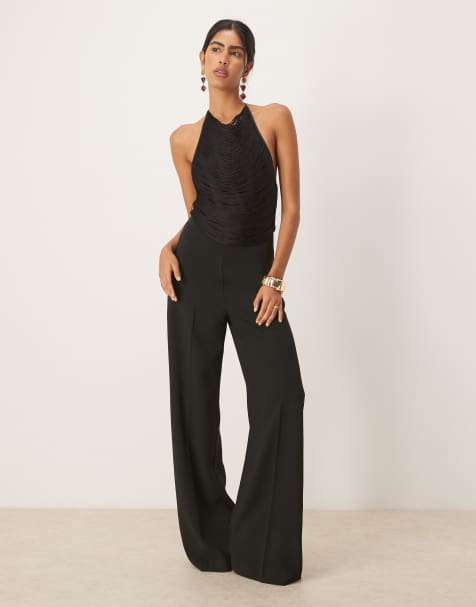 Mango halter neck jumpsuit with fringe overlay detail in black - view 1