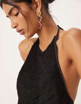 Mango Halter Neck Jumpsuit With Fringe Overlay Detail In Black