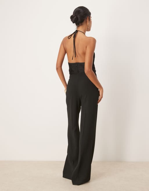 Mango halter neck jumpsuit with fringe overlay detail in black ASOS