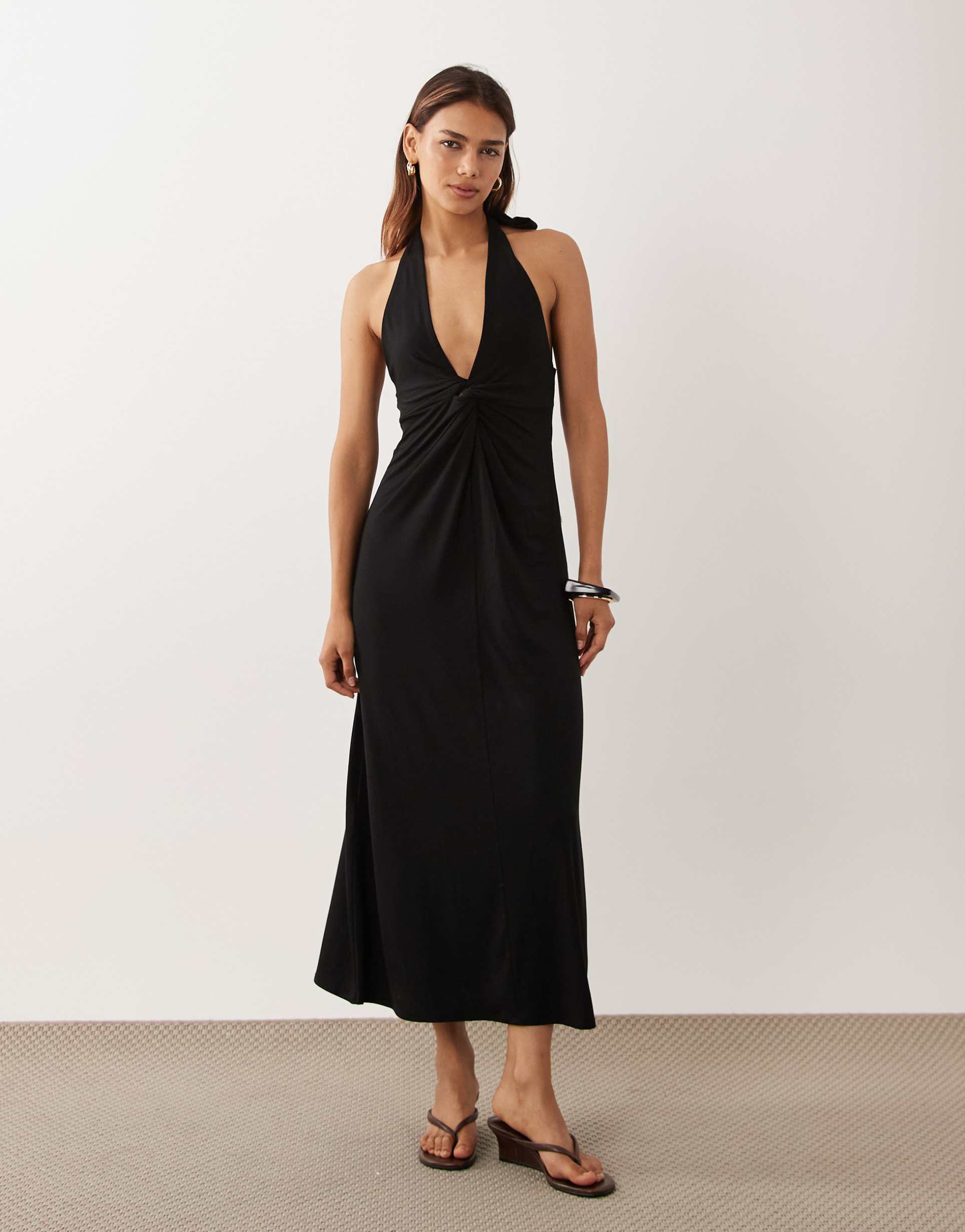mango halter neck midi dress in black