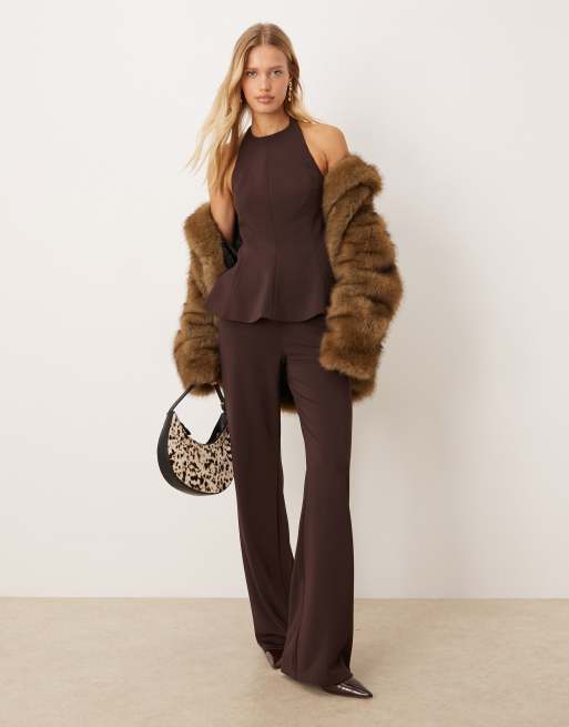 Mango halter neck peplum hem top co-ord in brown, 2 of 4