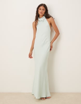 Mango Halter Neck Satin Dress In Green